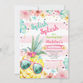 ハワイアンルアウ(ハワイ式宴会)パイナップルプールパーティーガール誕生日 招待状 (正面)