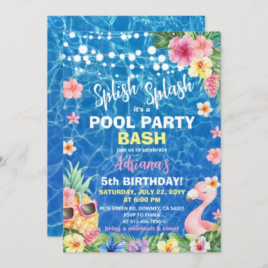 ハワイアンルアウ(ハワイ式宴会)パイナップルプールパーティーガール誕生日 招待状 (正面/裏面)