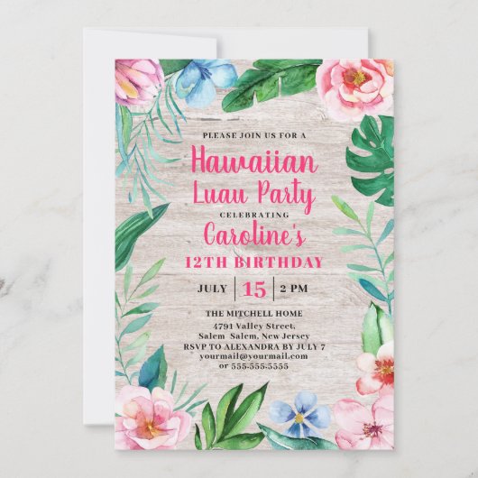 ハワイアンルアウ（ハワイ式宴会）パーティー熱帯フローラウッド誕生日 招待状 (正面)