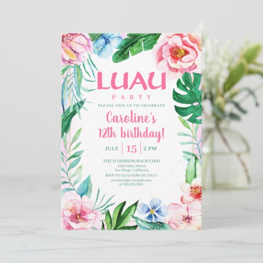 ハワイアンルアウ（ハワイ式宴会）パーティー熱帯フローラピンク誕生日 招待状 (スタンド正面)