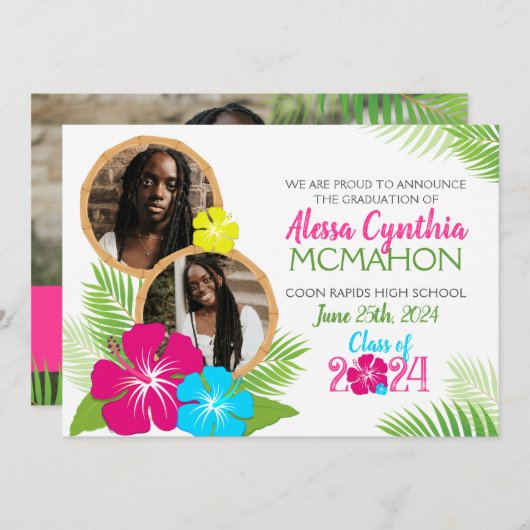 ハワイアンルアウ（ハワイ式宴会）卒業式3写真の発表 招待状 (正面/裏面)