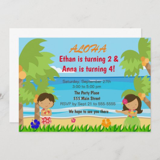 ハワイアンルアウ(ハワイ式宴会)子供の誕生日パーティの招待状2 招待状 (正面/裏面)