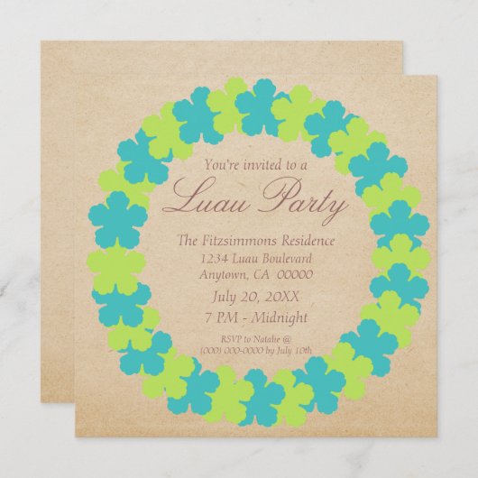 ハワイアンレイルアウ(ハワイ式宴会)パーティの招待状アクアアンドグリーン 招待状 (正面/裏面)