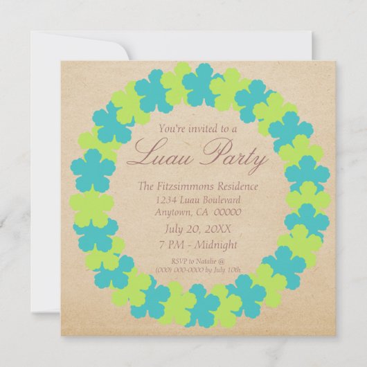 ハワイアンレイルアウ(ハワイ式宴会)パーティの招待状アクアアンドグリーン 招待状 (正面)