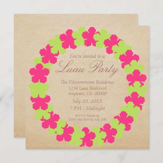 ハワイアンレイルアウ（ハワイ式宴会）パーティの招待状ピンク&グリーン 招待状 (正面/裏面)
