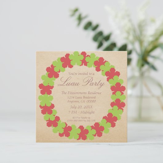 ハワイアンレイルアウ（ハワイ式宴会）パーティの招待状、赤と緑 招待状 (スタンド正面)