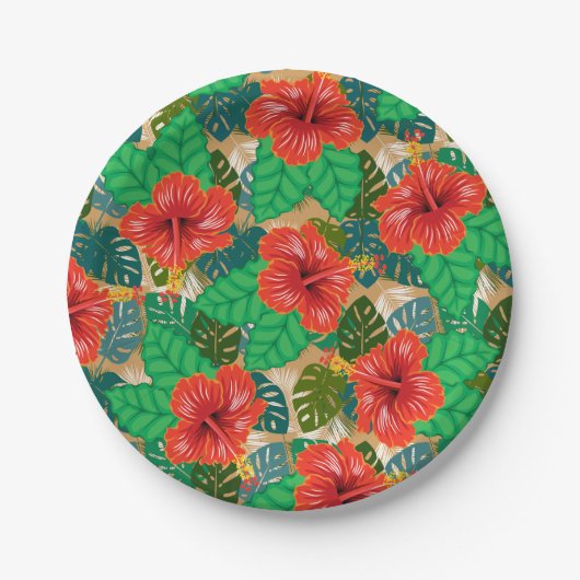 ハワイアンレッドハイビスカス結婚ルアウ（ハワイ式宴会） ペーパープレート (正面)