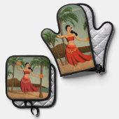 ハワイアンヴィンテージフラガール動揺してハガキ 鍋つかみ&鍋敷きセット (正面/裏面)