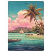 ハワイアンヴィンテージ島，ヤシの木，ボート，ピンク クリップボード (裏面)