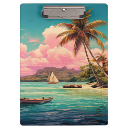ハワイアンヴィンテージ島，ヤシの木，ボート，ピンク クリップボード