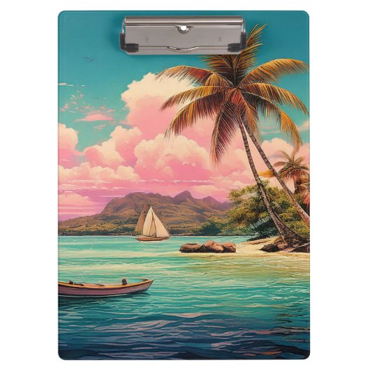 ハワイアンヴィンテージ島，ヤシの木，ボート，ピンク クリップボード (正面)
