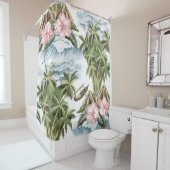 ハワイアンヴィンテージ島，ヤシの木，ボート，ピンク シャワーカーテン (インサイチュ)