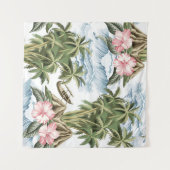 ハワイアンヴィンテージ島，ヤシの木，ボート，ピンク  タペストリー (正面(横))