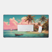 ハワイアンヴィンテージ島,ヤシの木,ボート,ピンク デスクマット (キーボード&マウス)