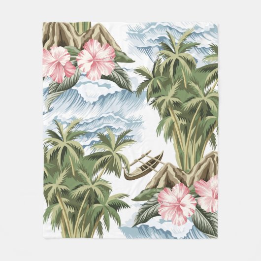 ハワイアンヴィンテージ島,ヤシの木,ボート,ピンク  フリースブランケット (正面)