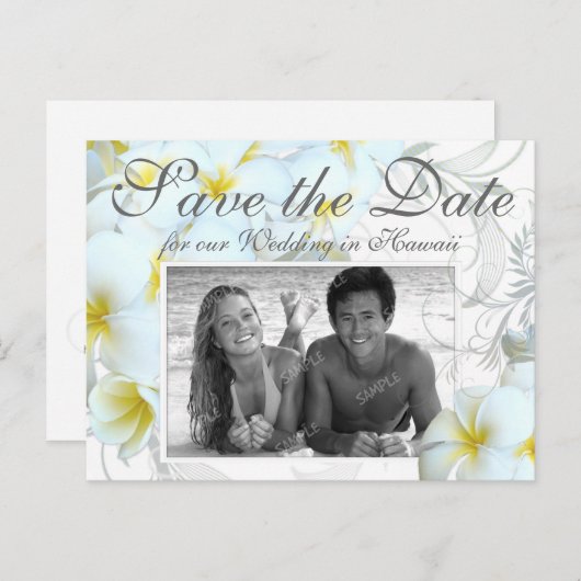 ハワイアン宛先ウェディング日付カードの保存 案内ポストカード (正面/裏面)