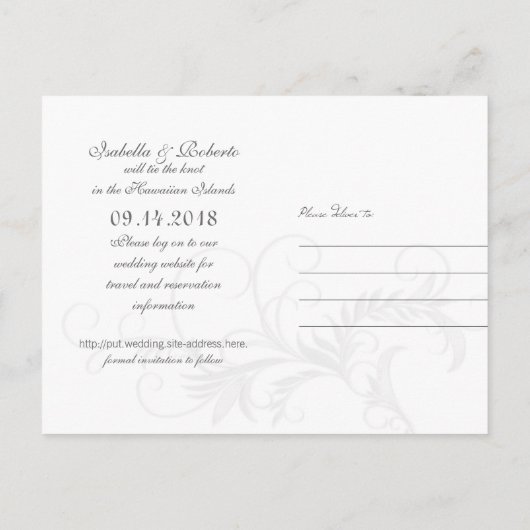 ハワイアン宛先ウェディング日付カードの保存 案内ポストカード (裏面)