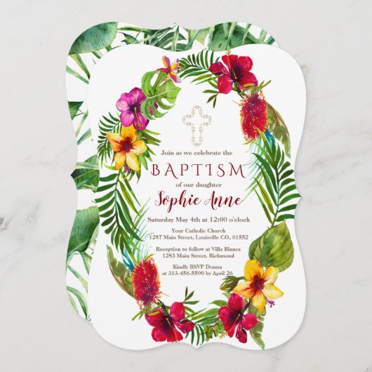 ハワイアン放射熱帯フローラリースバプテスマ 招待状 (正面/裏面)