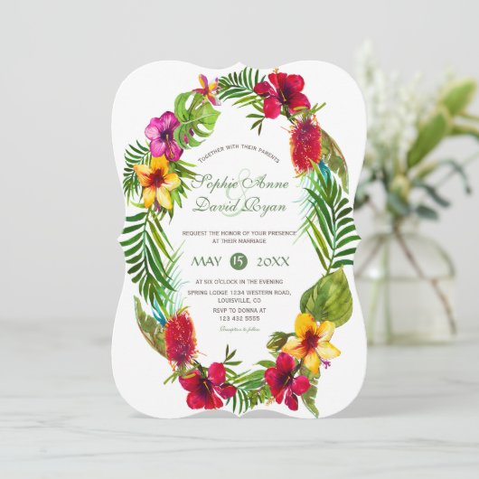 ハワイアン放射熱帯フローラリース結婚ズ 招待状 (スタンド正面)
