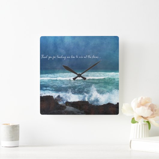 ハワイアン海引用文ウェーブアクアティール（緑がかった色）ブルーサーフ スクエア壁時計 (ホーム)