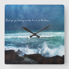 ハワイアン海引用文ウェーブアクアティール（緑がかった色）ブルーサーフ スクエア壁時計