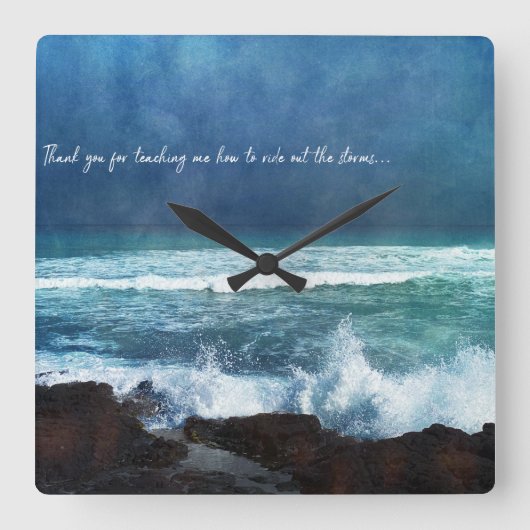 ハワイアン海引用文ウェーブアクアティール(緑がかった色)ブルーサーフ スクエア壁時計 (正面)