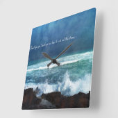 ハワイアン海引用文ウェーブアクアティール(緑がかった色)ブルーサーフ スクエア壁時計 (傾斜)