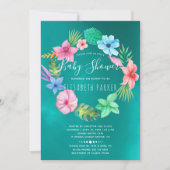 ハワイアン熱帯ティール(緑がかった色)フローラリースベビーシャワー 招待状 (正面)