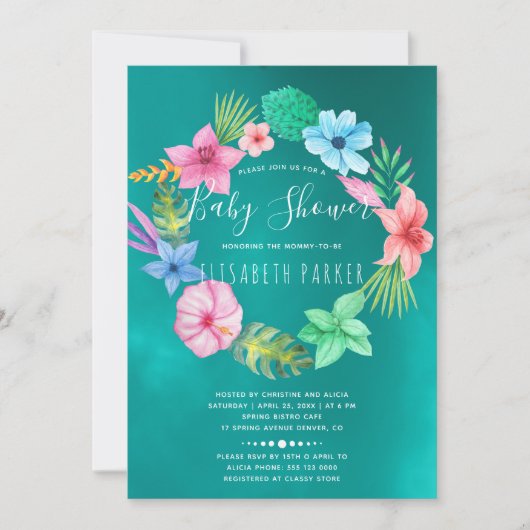ハワイアン熱帯ティール（緑がかった色）フローラリースベビーシャワー 招待状 (正面)
