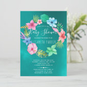 ハワイアン熱帯ティール(緑がかった色)フローラリースベビーシャワー 招待状 (スタンド正面)