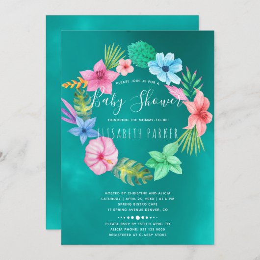 ハワイアン熱帯ティール(緑がかった色)フローラリースベビーシャワー 招待状 (正面/裏面)
