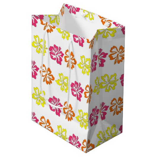 ハワイアン熱帯ハイビスカスフラワーズフローラプリント ミディアムペーパーバッグ (正面アングル)