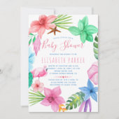 ハワイアン熱帯ピンクのフローラリースベビースシャワー 招待状 (正面)