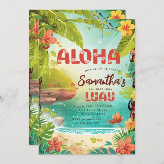 ハワイアン熱帯フローラ誕生日ルアウ(ハワイ式宴会)パーティー 招待状 (正面/裏面)