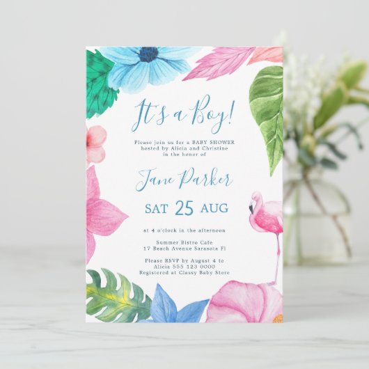 ハワイアン熱帯ルアウ(ハワイ式宴会)その男の子の赤ちゃんシャワー 招待状 (スタンド正面)