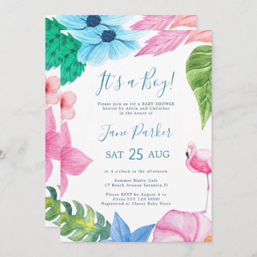 ハワイアン熱帯ルアウ(ハワイ式宴会)その男の子の赤ちゃんシャワー 招待状 (正面/裏面)