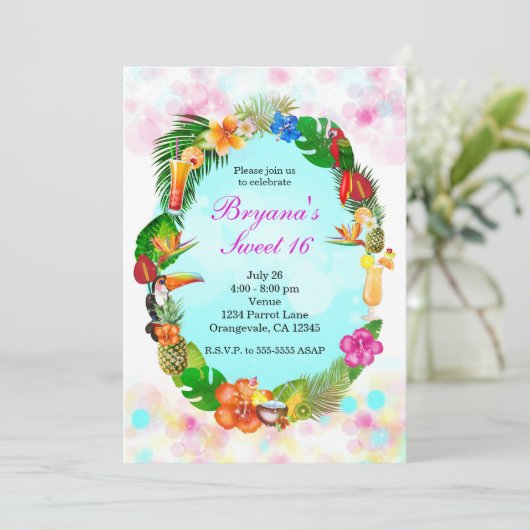 ハワイアン熱帯夏の事物フレームルアウ（ハワイ式宴会）パーティー 招待状 (スタンド正面)