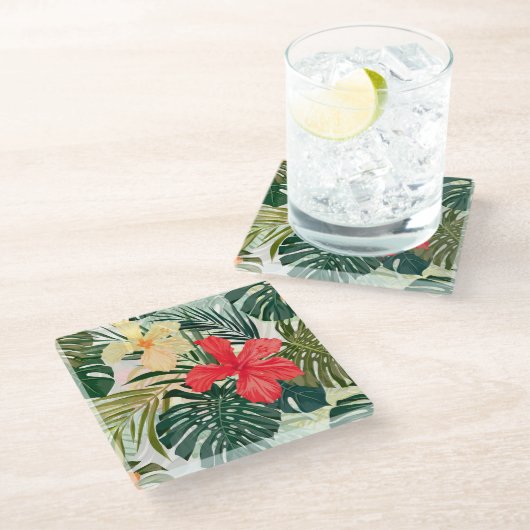 ハワイアン熱帯植物、カラフル花。 ガラスコースター (アングル)