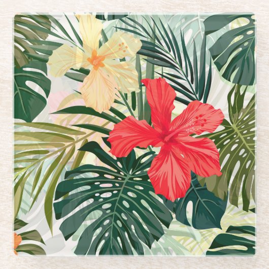 ハワイアン熱帯植物、カラフル花。 ガラスコースター (正面)