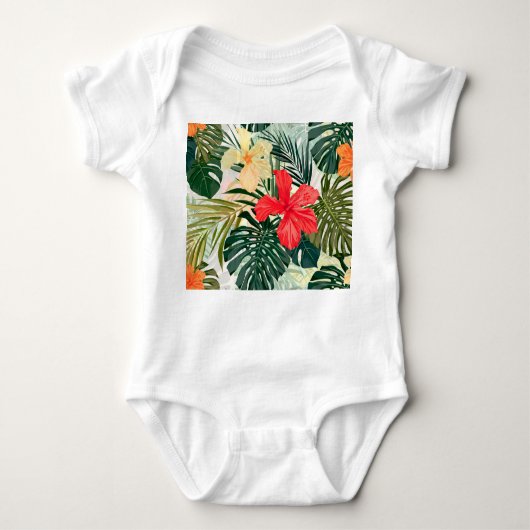 ハワイアン熱帯植物、カラフル花。 ベビーボディスーツ (正面)