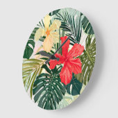 ハワイアン熱帯植物、カラフル花。 ラージ壁時計 (傾斜)