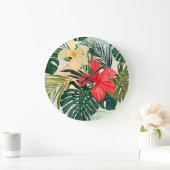 ハワイアン熱帯植物、カラフル花。 ラージ壁時計 (ホーム)