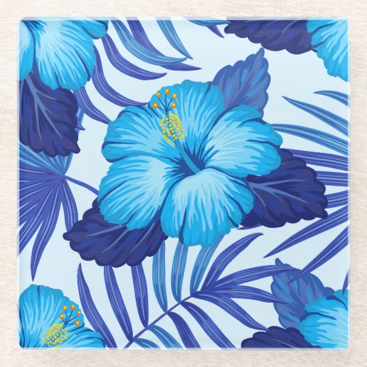 ハワイアン熱帯植物、ハイビスカスパターン。 ガラスコースター (正面)