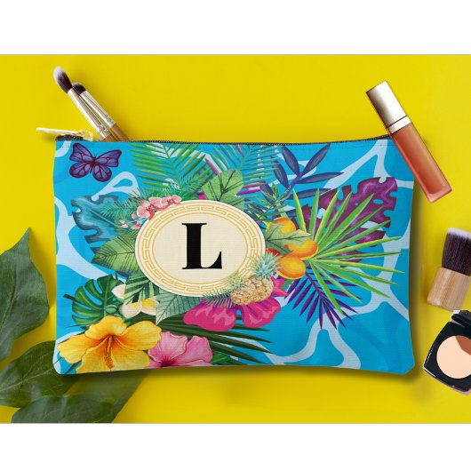 ハワイアン熱帯花と蝶モノグラム アクセサリーポーチ