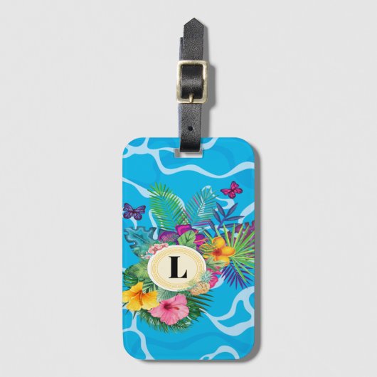 ハワイアン熱帯花と蝶モノグラム ラゲッジタグ (正面縦)