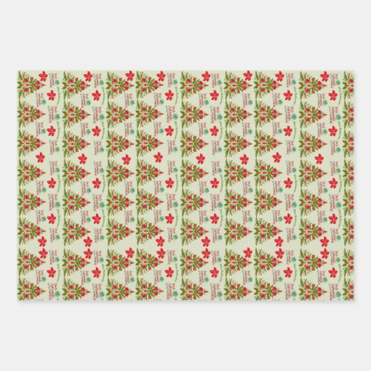 ハワイアン熱帯花クリスマスツリーギフトラップ ラッピングペーパーシート (正面)