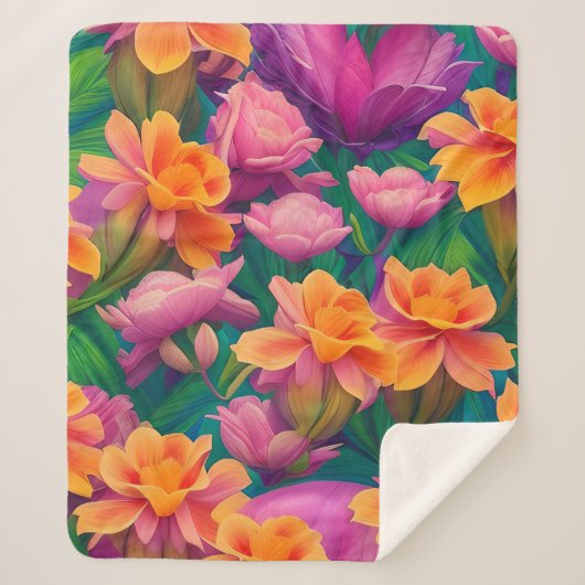 ハワイアン熱帯花模様 シェルパブランケット (正面)