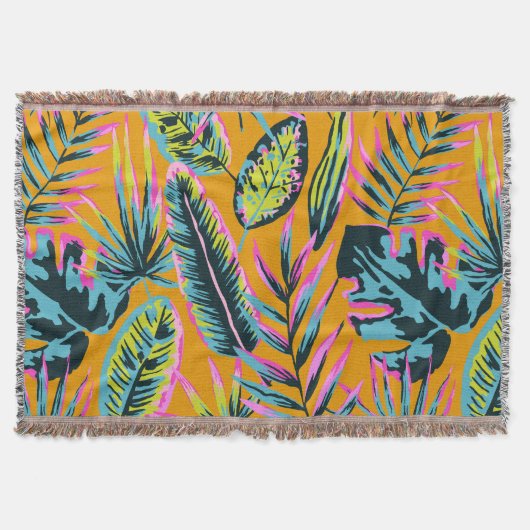 ハワイアン熱帯葉植物プリントパターン スローブランケット (正面)