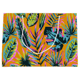 ハワイアン熱帯葉植物プリントパターン ラージペーパーバッグ