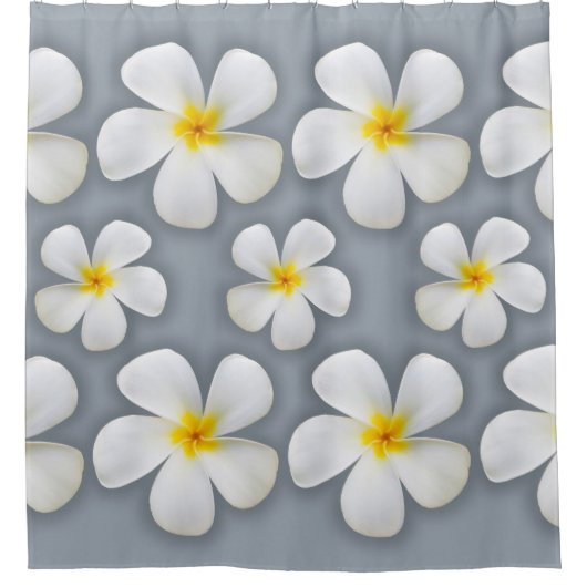 ハワイアン白プルメリア花オンシルバー シャワーカーテン (正面)